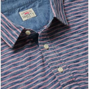 Faherty‎ Polo Shirt Mens M Blue Pink Striped Indigo Dyed Pocket Slub Cotton